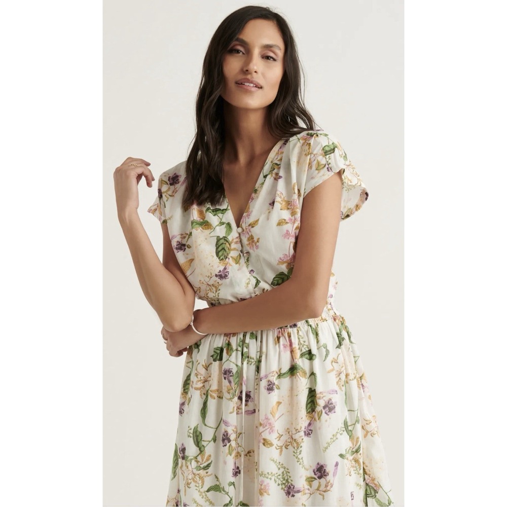 Lucky Brand Dress Women's L Natural Floral Cottagecore Midi Button Tiered V-Neck